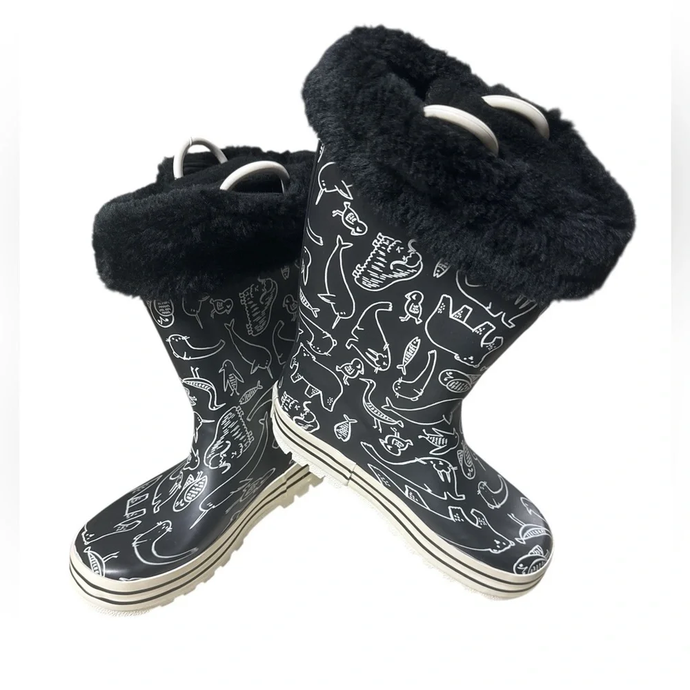 NOVA Black Dinosaur Print Rain Boots with Removable Fur Lining - Kids Size 11